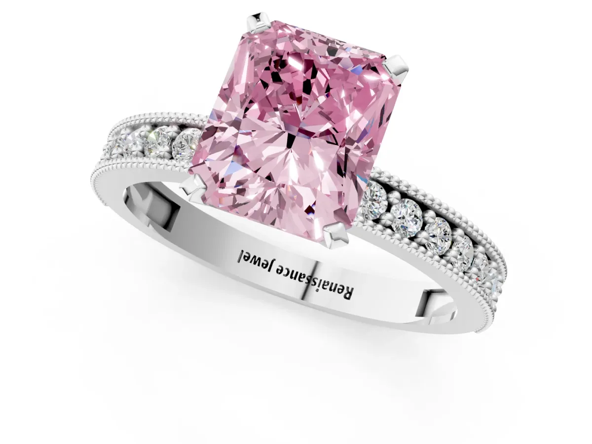Fancy Pink Radiant Cut Diamond Milgrain Pavé Engagement Ring with Four-Prong Setting Platinum