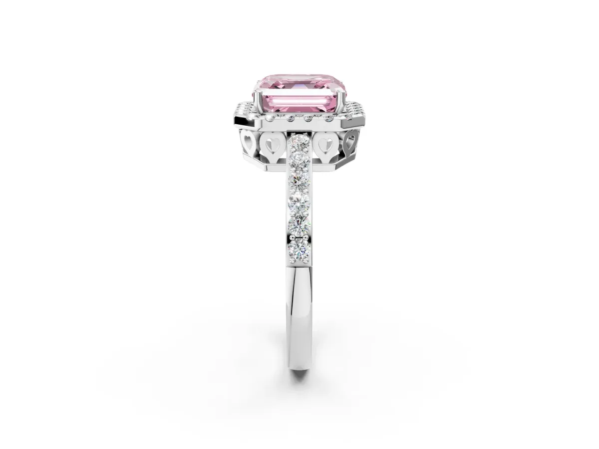 Fancy Pink Asscher Cut Halo Diamond Pavé Band Ring with Prong Setting Silver