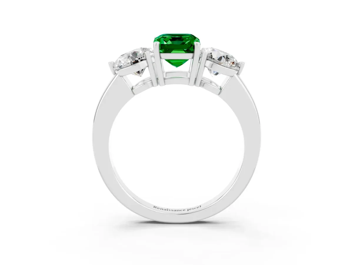 Emerald Cut Emerald Three-Stone Ring with Prong Setting and Classic Band White gold