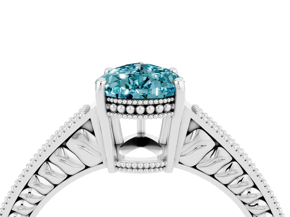 Pear Cut Blue Topaz Ring with Milgrain Pavé Band and Four-Prong Setting Platinum