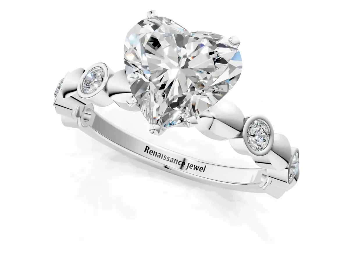 Heart Cut Solitaire Bezel-Set Diamond Ring with Beaded Band and Four-Prong Setting Silver