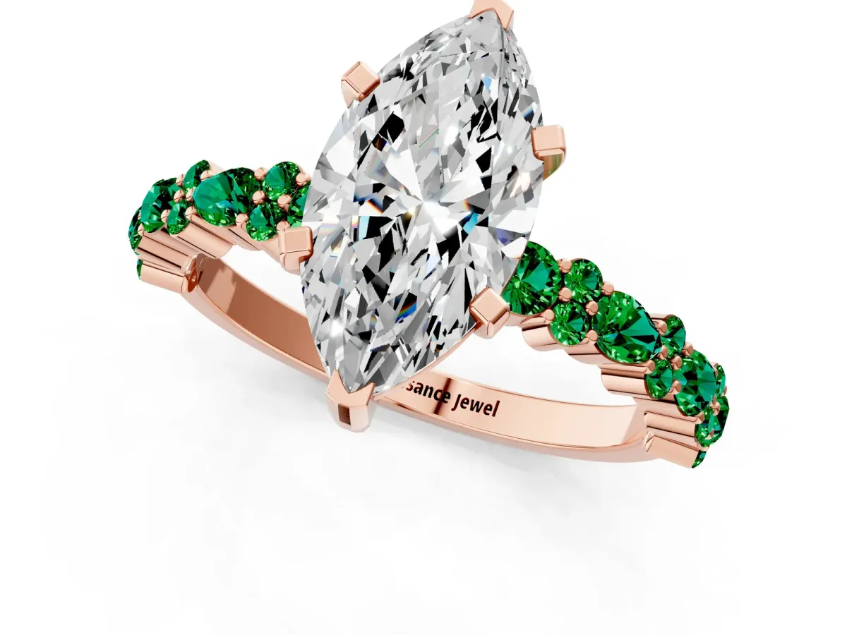 Marquise Cut Diamond Side Stone Solitaire Ring with Round Emerald and Four-Prong Setting Rose gold