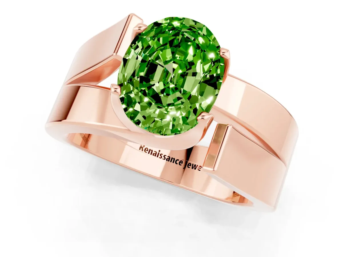 Modern Tension Set Oval Cut Peridot Solitaire Wide Band Ring Rose gold