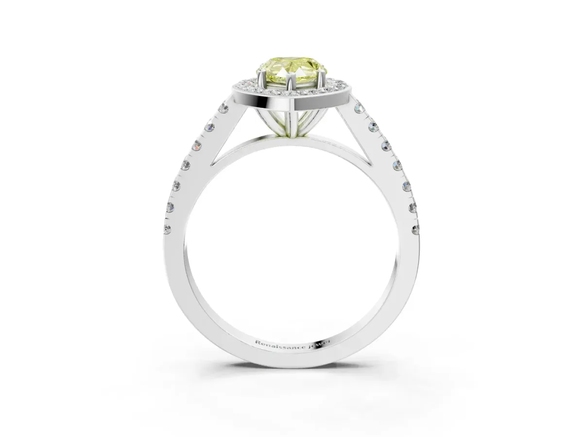 Fancy Yellow Pear Cut Diamond Halo Ring with Round Pavé Split Shank and Prong Setting Platinum