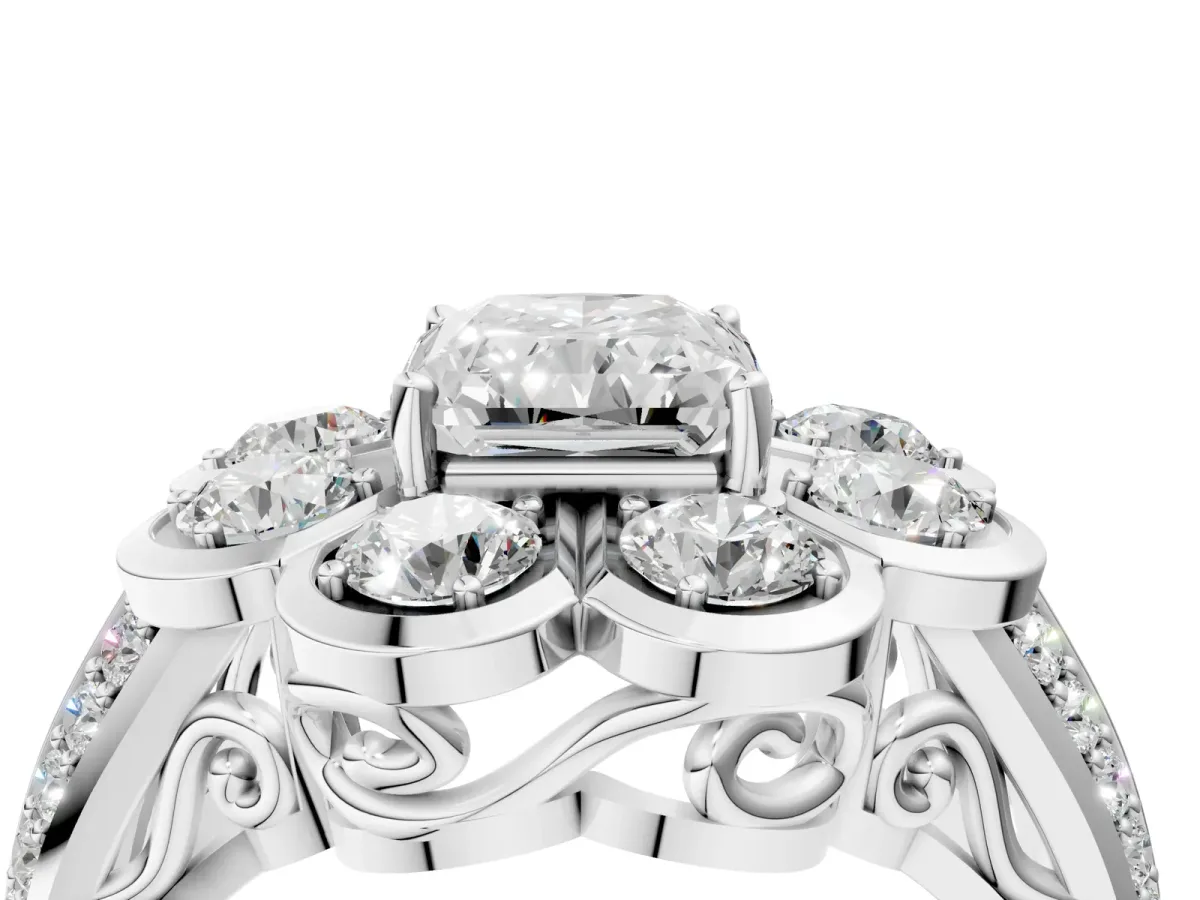 Radiant Cut Brilliant Flower Halo Diamond Split Shank Ring Platinum