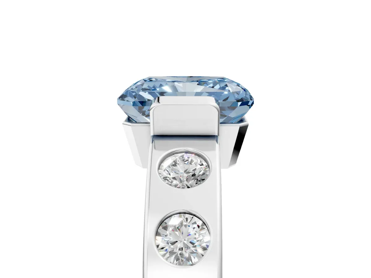Fancy Blue Radiant Cut Brilliant Channel-Set Diamond Ring with Bezel Prong Setting Platinum