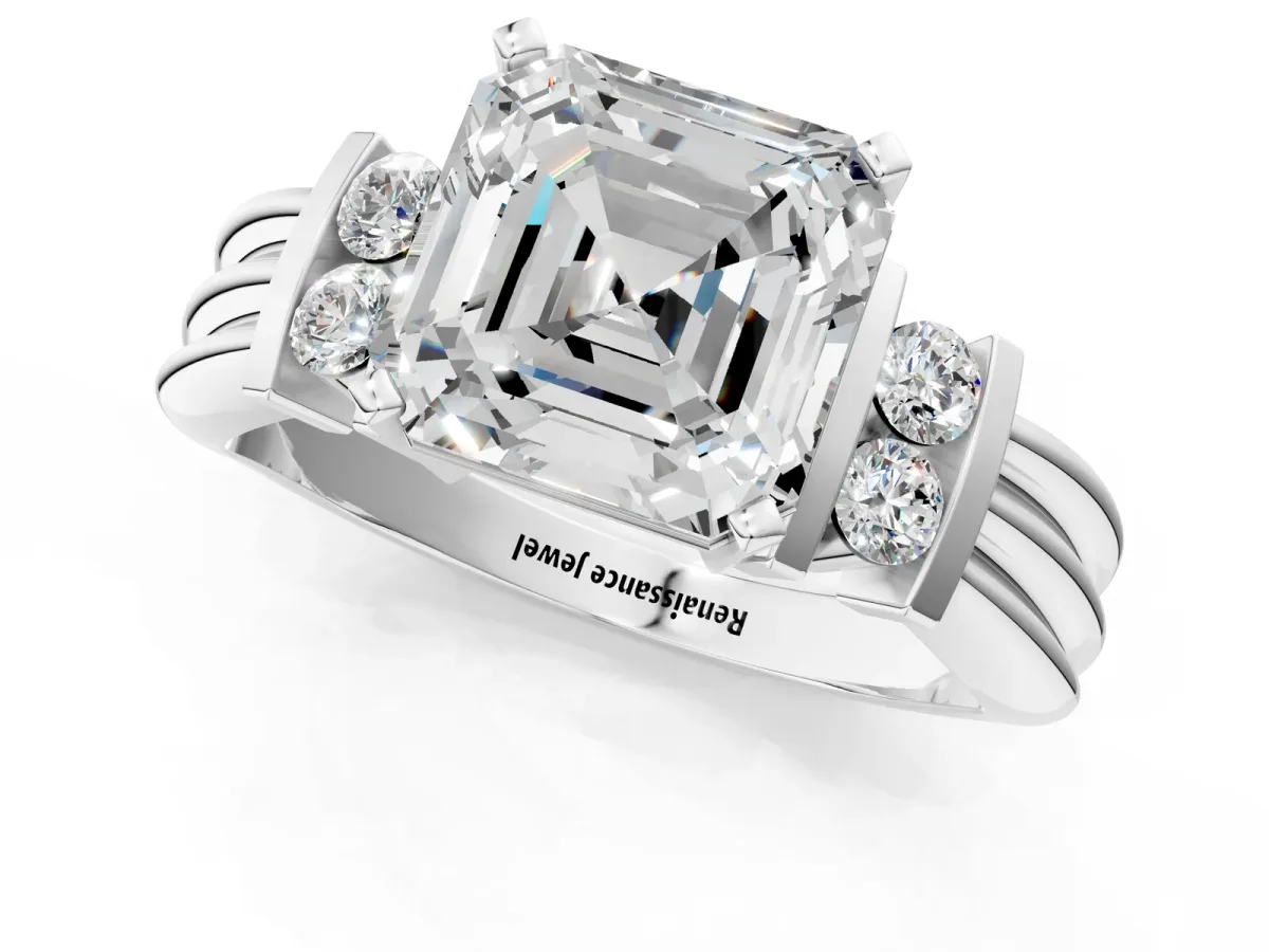 Asscher Cut Cut Three-Stone Channel Set Ring with Bar Prongs Platinum