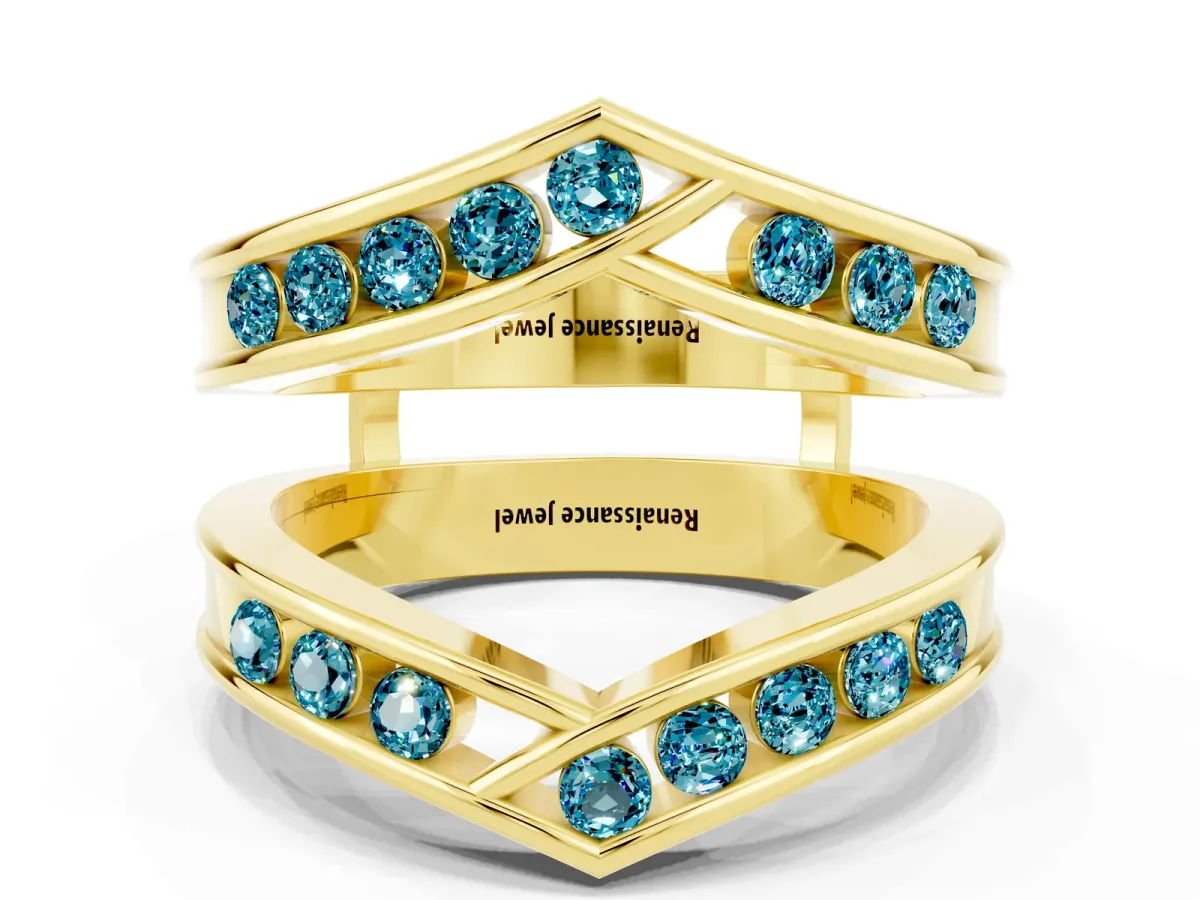 Round Blue Topaz Channel-Set Chevron Band Yellow gold