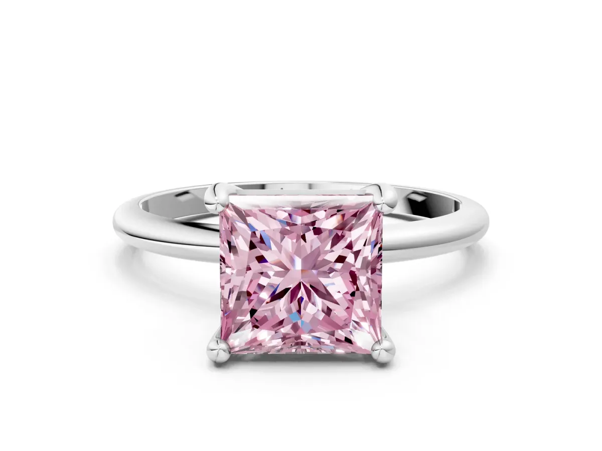 Fancy Pink Princess Cut Solitaire Diamond Ring with 4-Prong Setting on a Classic Band Silver