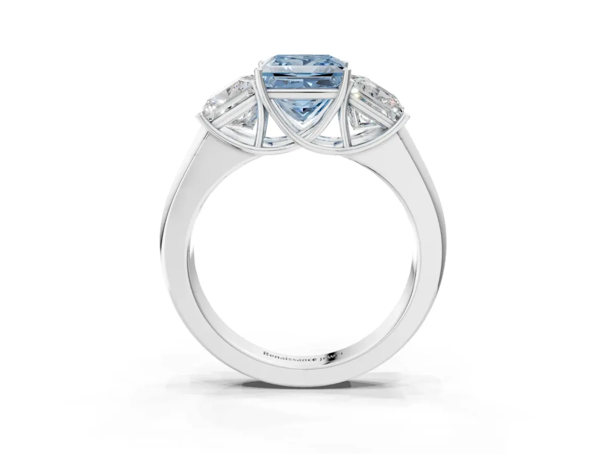 Fancy Blue Three-Stone Princess Cut Cut Diamond Ring with Prong Setting and Classic Band White gold