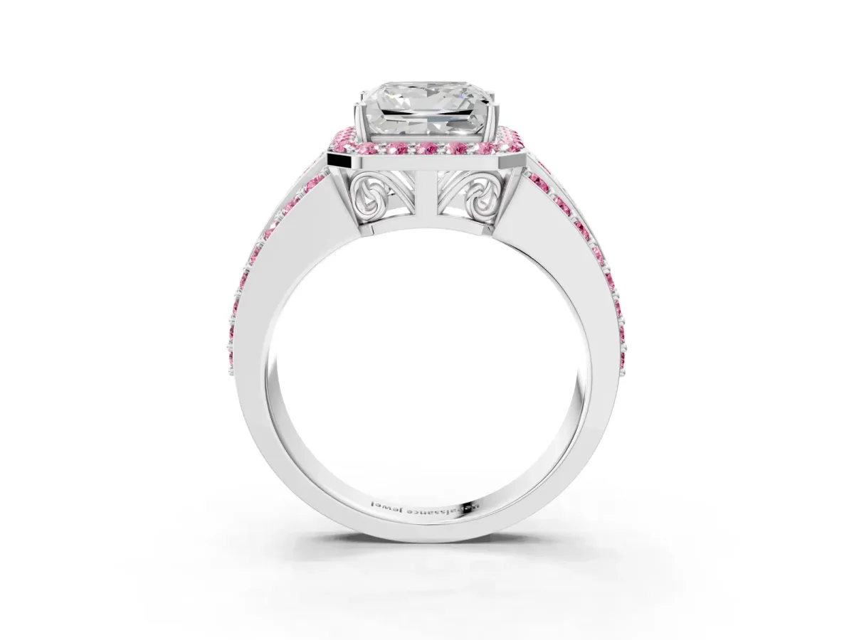 Princess Cut Halo Diamond Ring with Round Pink Sapphire Split Shank and Prong Setting Silver