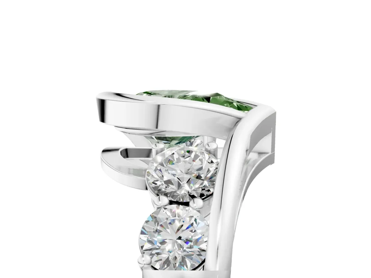 Fancy Green Bezel Set Pear Cut Diamond Bypass Ring with Round Accents Silver