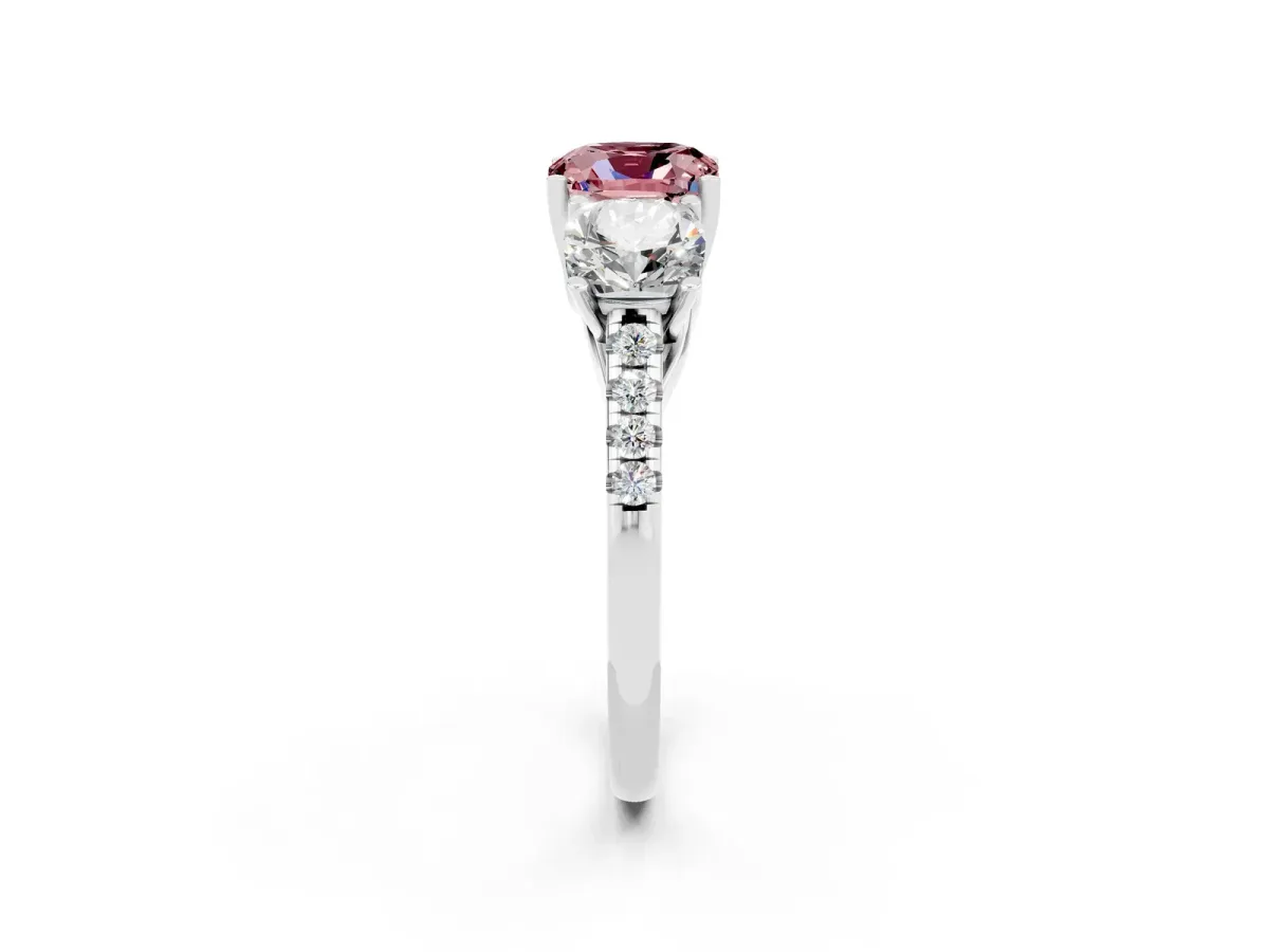 Three-Stone Cushion Cut Morganite Ring with Round Pavé Band and Prong Setting Silver