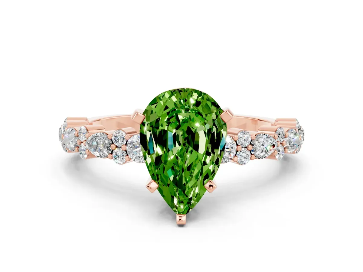 Pear Cut Peridot Side Stone Solitaire Ring with Round and Four-Prong Setting Rose gold