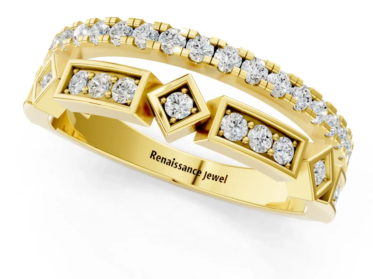 Pavé Round Diamond Channel Set Dual Band with Prong Setting Yellow gold