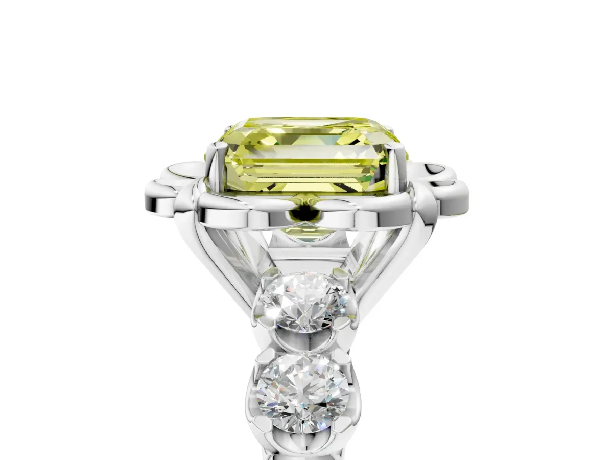 Fancy Yellow Asscher Cut Cut Diamond Floral Halo Engagement Ring with Shared Prong Setting Silver
