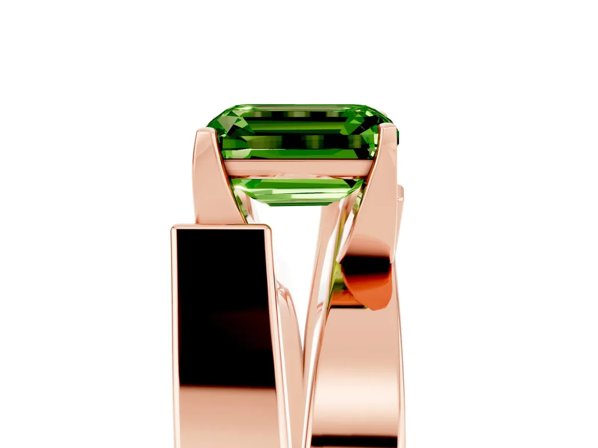 Modern Tension Set Emerald Cut Peridot Solitaire Wide Band Ring Rose gold