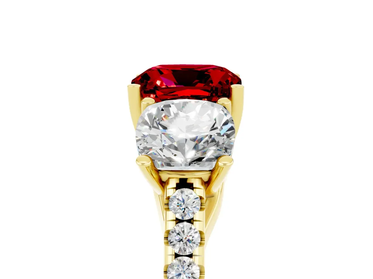 Three-Stone Cushion Cut Ruby Ring with Round Pavé Band and Prong Setting Yellow gold