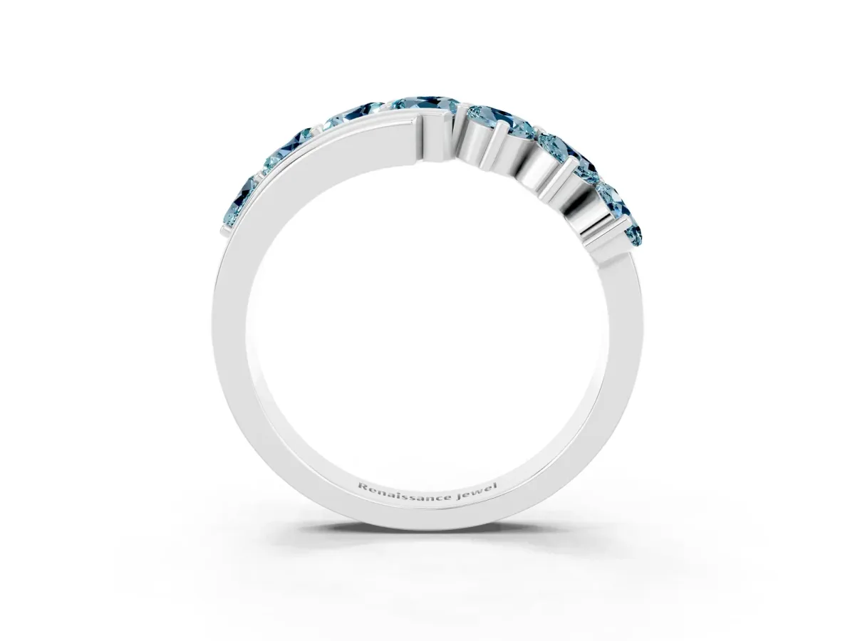 Round Aquamarine Wave Band with Channel and Shared Prong Setting Platinum