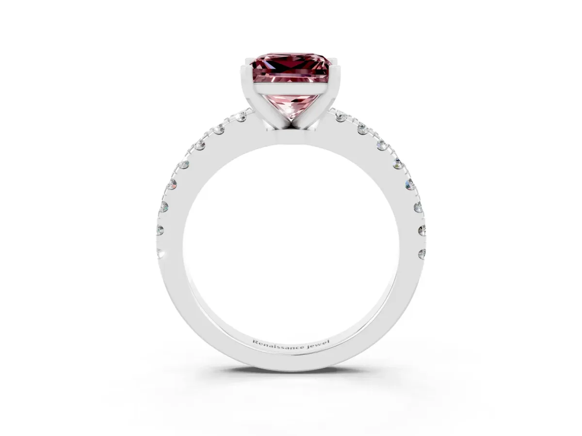 Princess Cut Solitaire Morganite with Pavé Band and Four-Prong Setting Silver