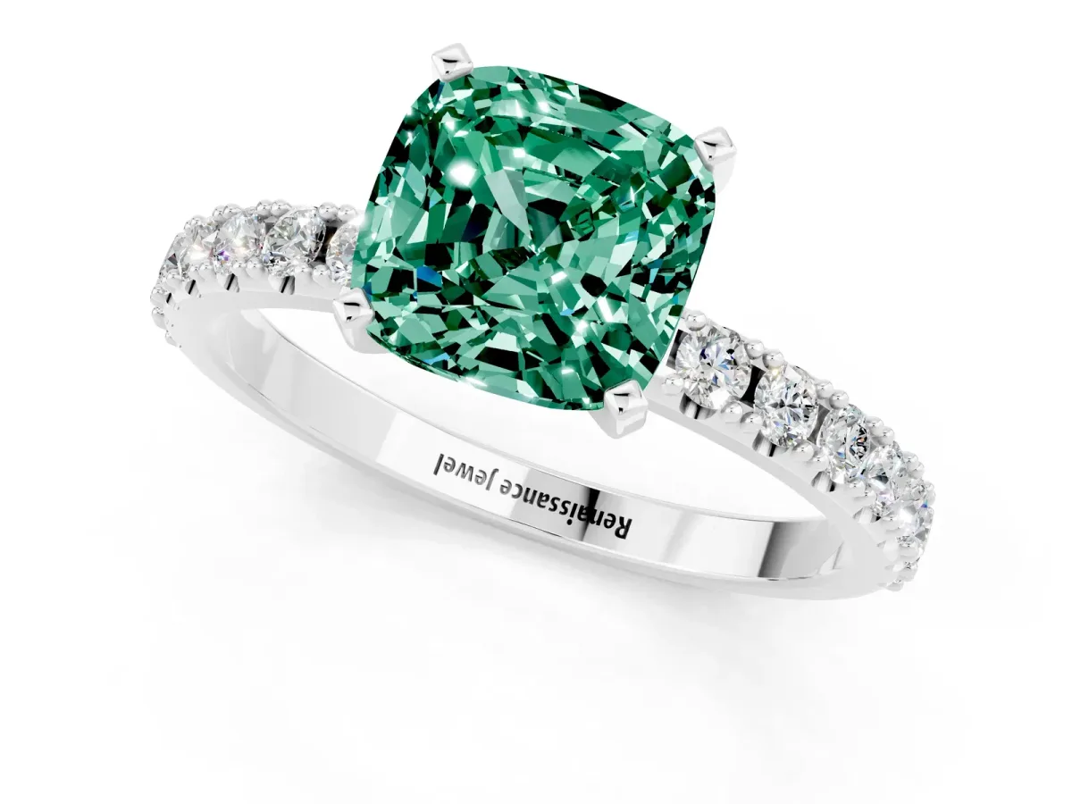 Cushion Cut Green Sapphire Solitaire Pavé Band with Four-Prong Setting Silver