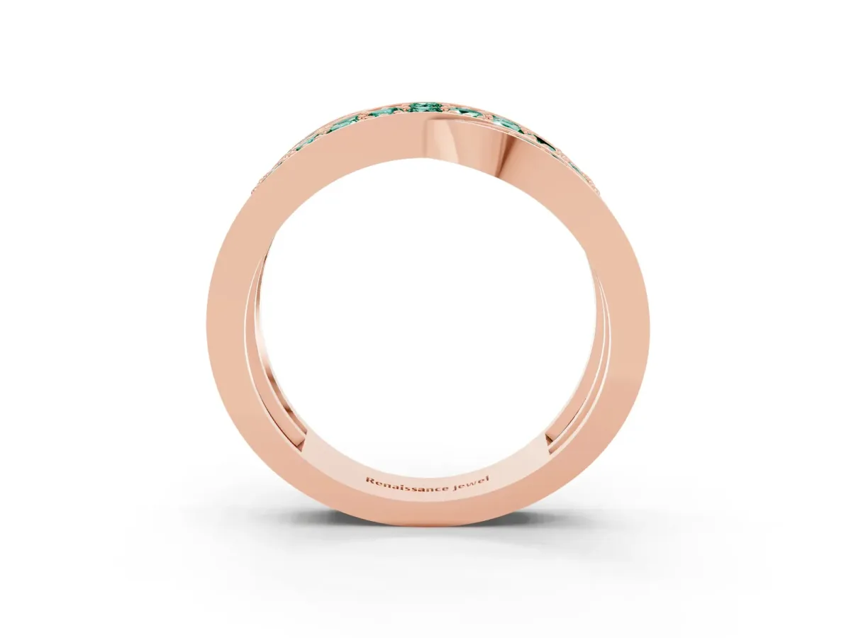 Pavé Round Green Sapphire Crossover Band with Bead Prong Setting Rose gold