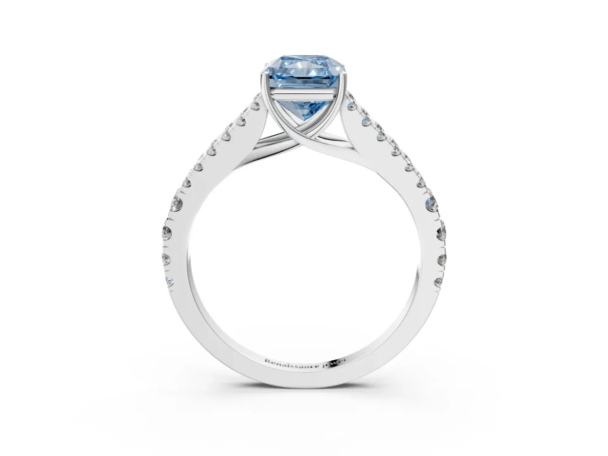 Fancy Blue Radiant Cut Diamond Split Shank Engagement Ring with Round Pavé and Prong Setting Platinum