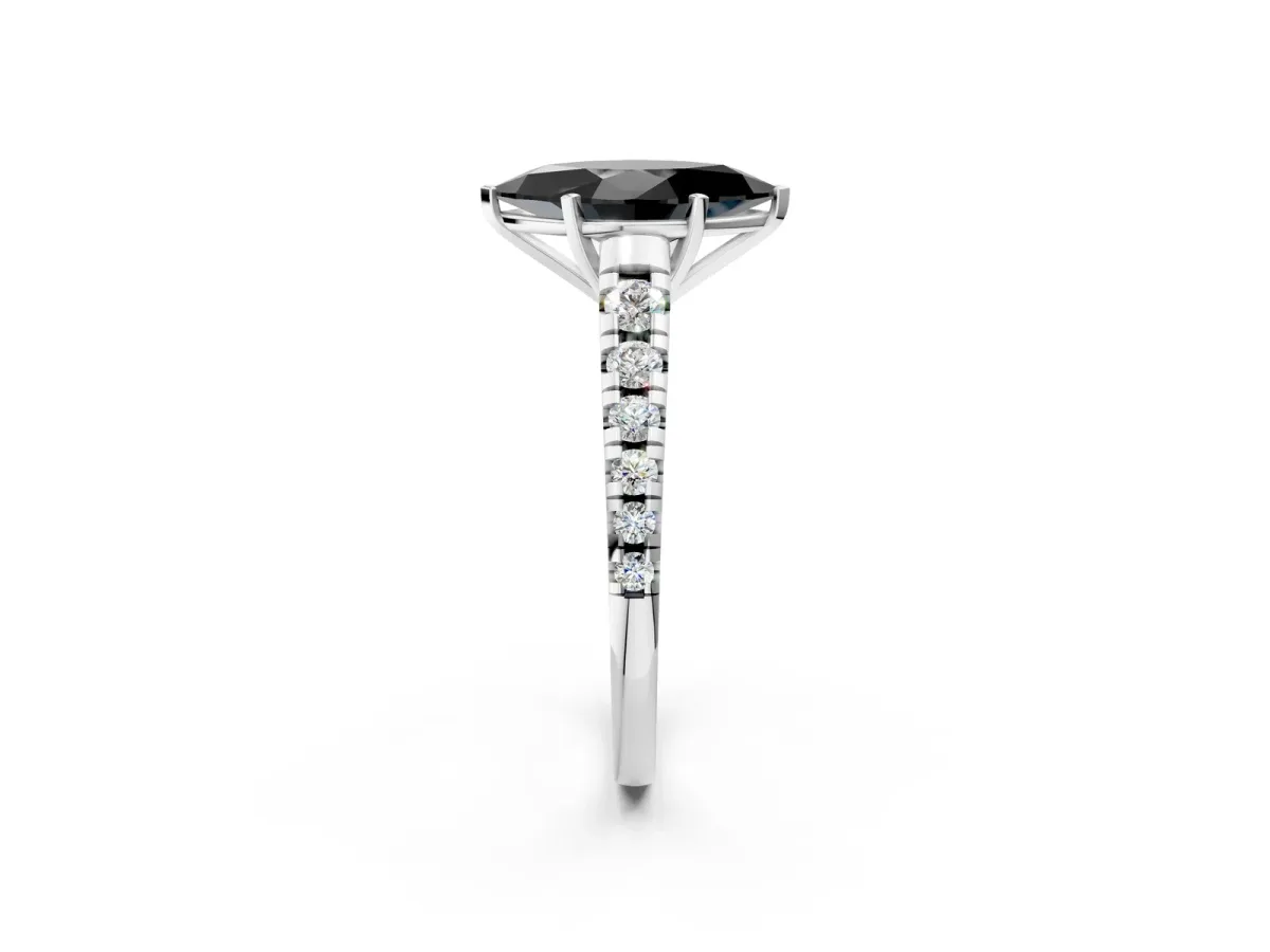 Fancy Black Marquise Cut Diamond Cathedral Solitaire Ring with Round Pavé Band Silver