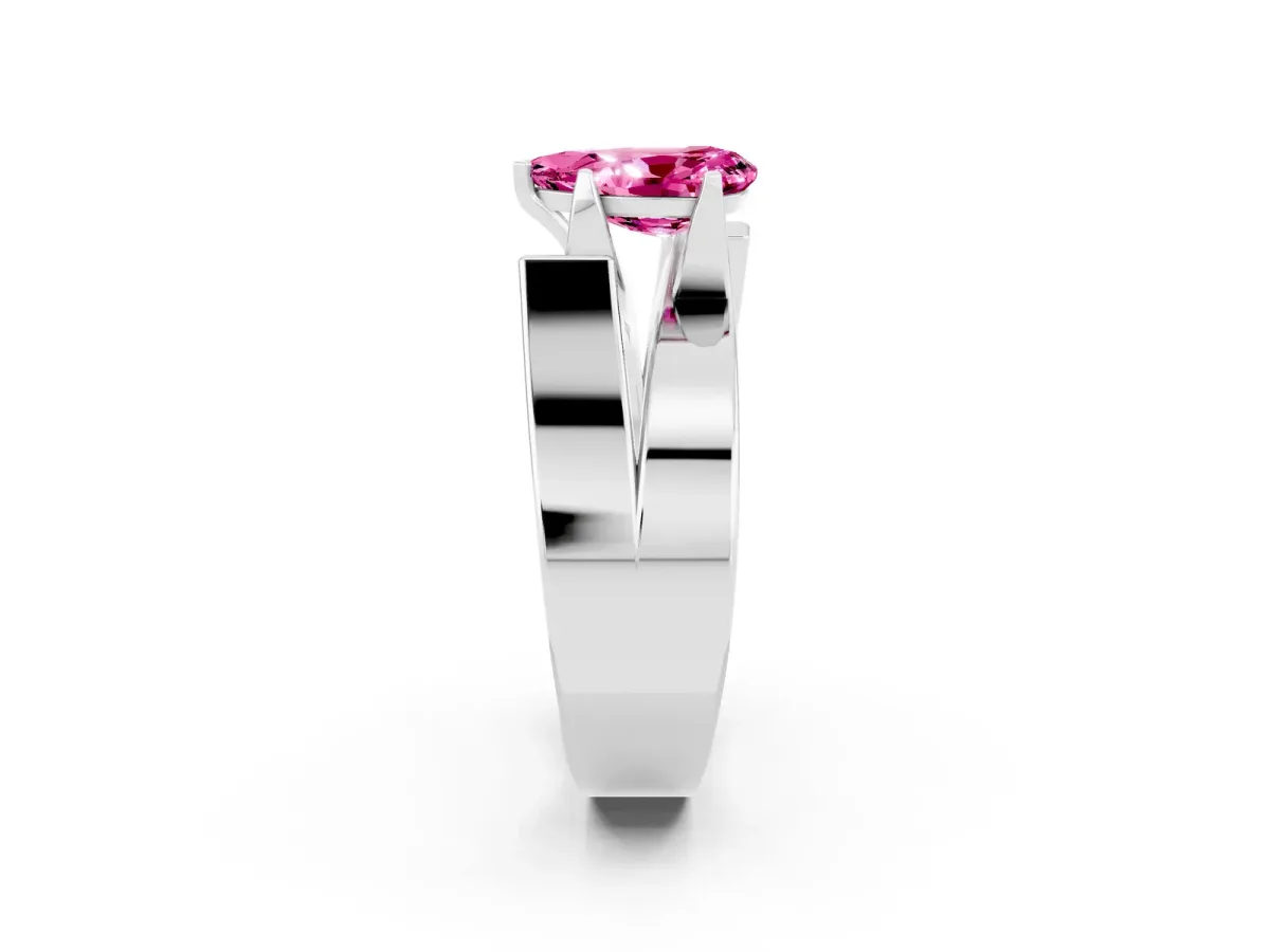 Modern Tension Set Pear Cut Pink Sapphire Solitaire Wide Band Ring Silver
