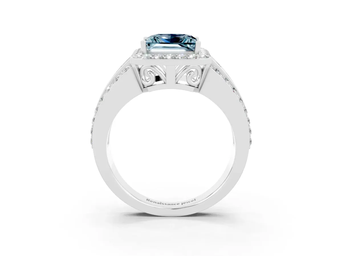 Princess Cut Halo Aquamarine Ring with Round Split Shank and Prong Setting Silver
