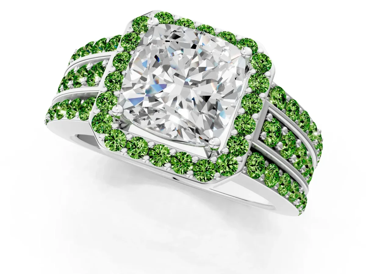 Cushion Cut Halo Diamond Ring with Round Peridot Split Shank and Prong Setting Silver