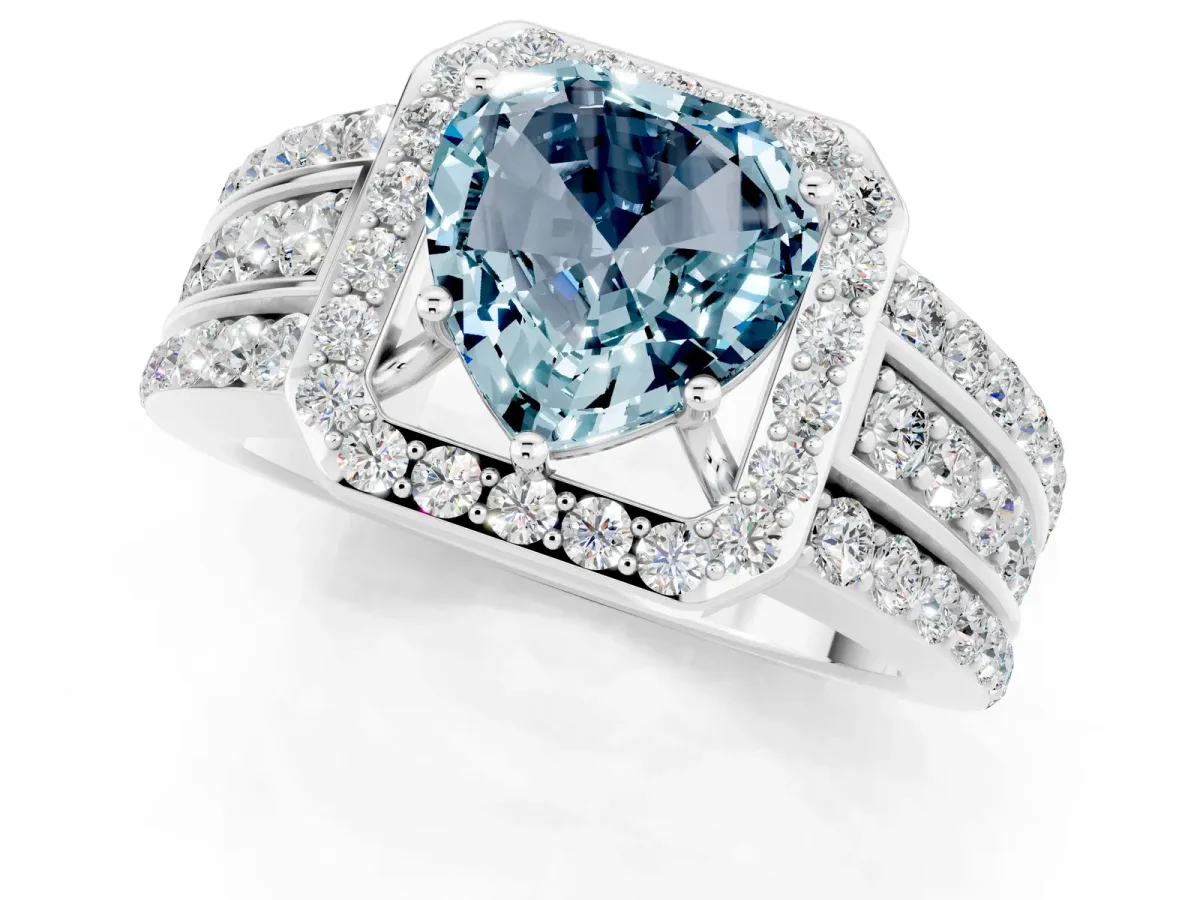 Heart Cut Halo Aquamarine Ring with Round Split Shank and Prong Setting Silver