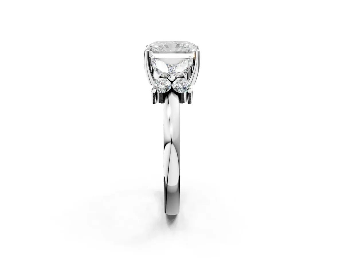 Radiant Cut Diamond Floral Cluster Ring with Solitaire Band and Prong Setting Platinum