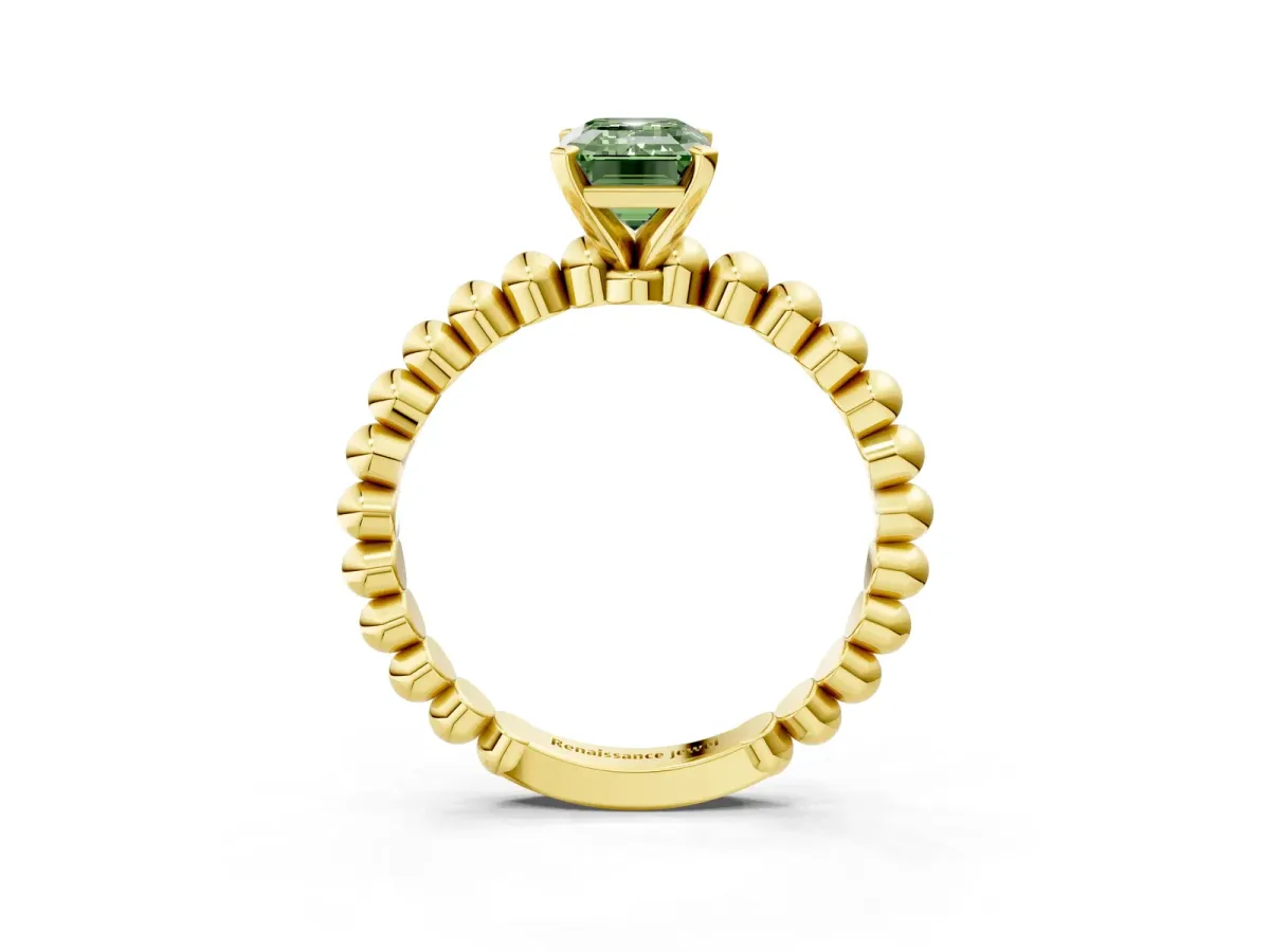 Fancy Green Emerald Cut Diamond Solitaire Ring with Beaded Band and Prong Setting Yellow gold