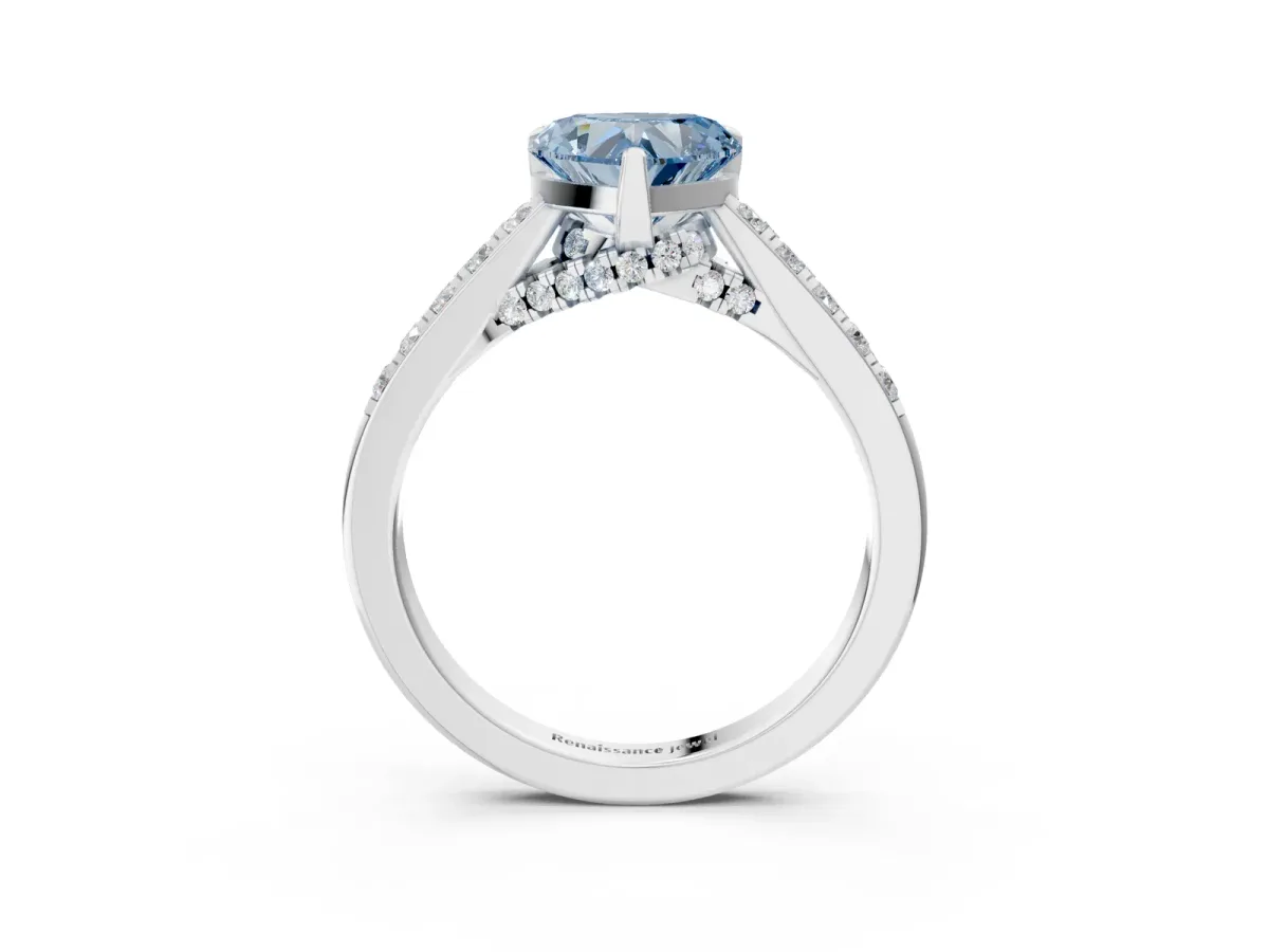 Fancy Blue Heart Cut Diamond Solitaire Ring with Crossover Gallery and Round Pavé Band Silver
