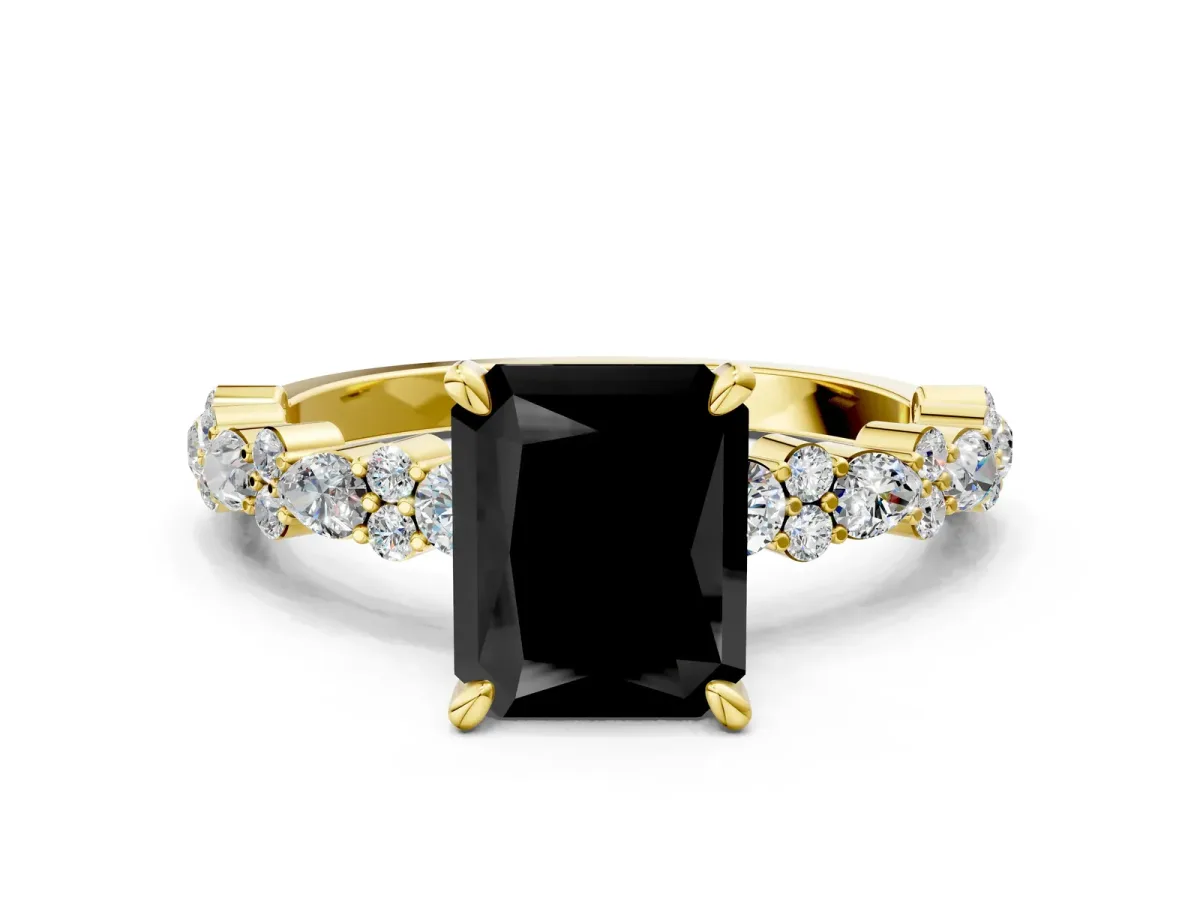 Fancy Black Radiant Cut Diamond Side Stone Solitaire Ring with Round and Four-Prong Setting Yellow gold