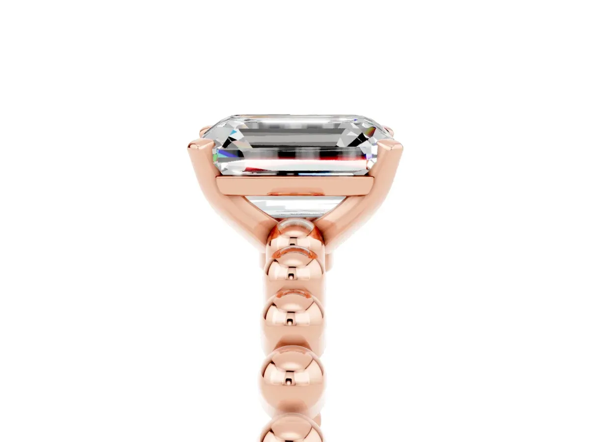 Emerald Cut Moissanite Solitaire Ring with Beaded Band and Prong Setting Rose gold