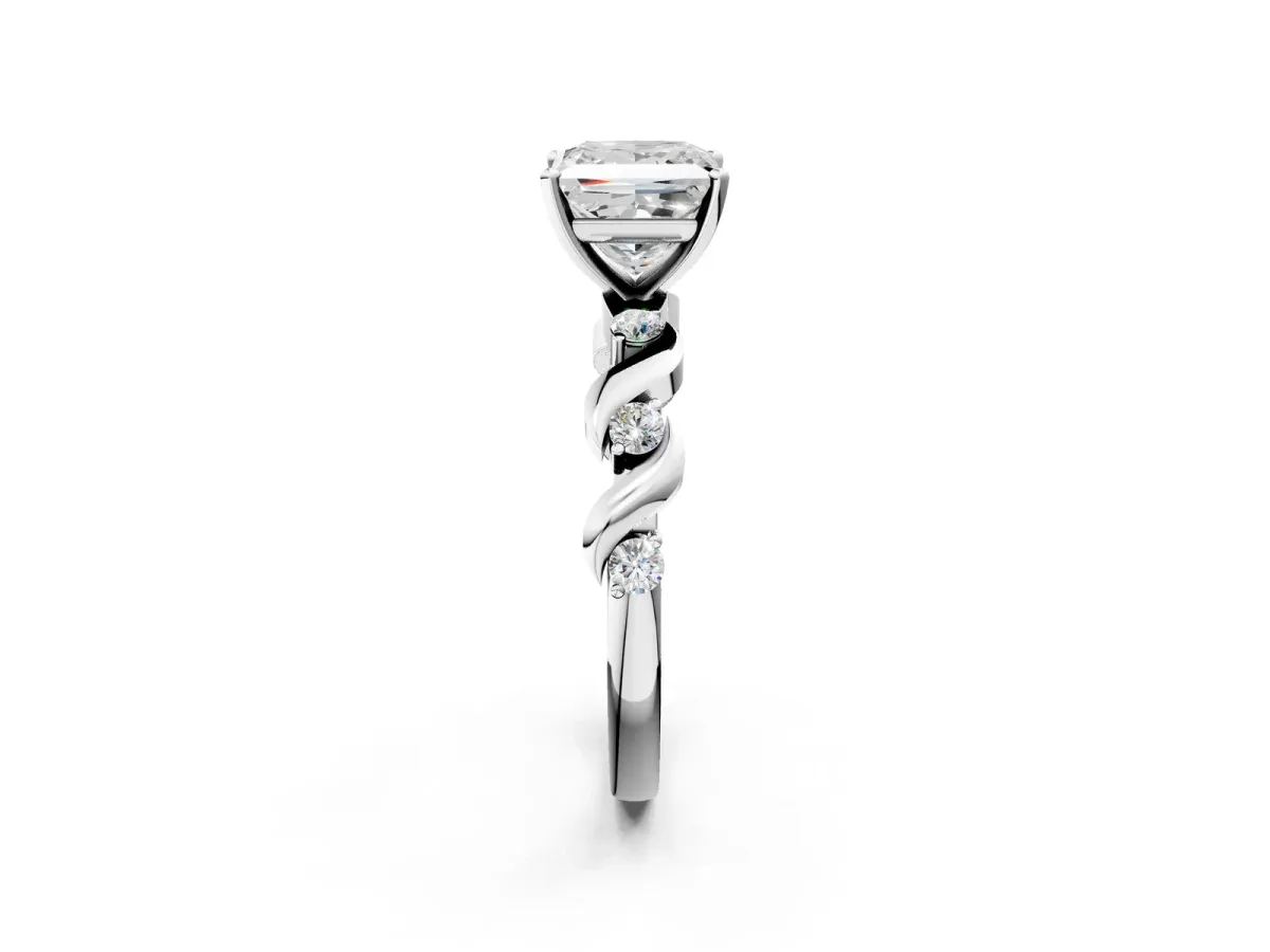 Princess Cut Diamond Solitaire Twisted Band with Round Accents and Prong Setting Silver