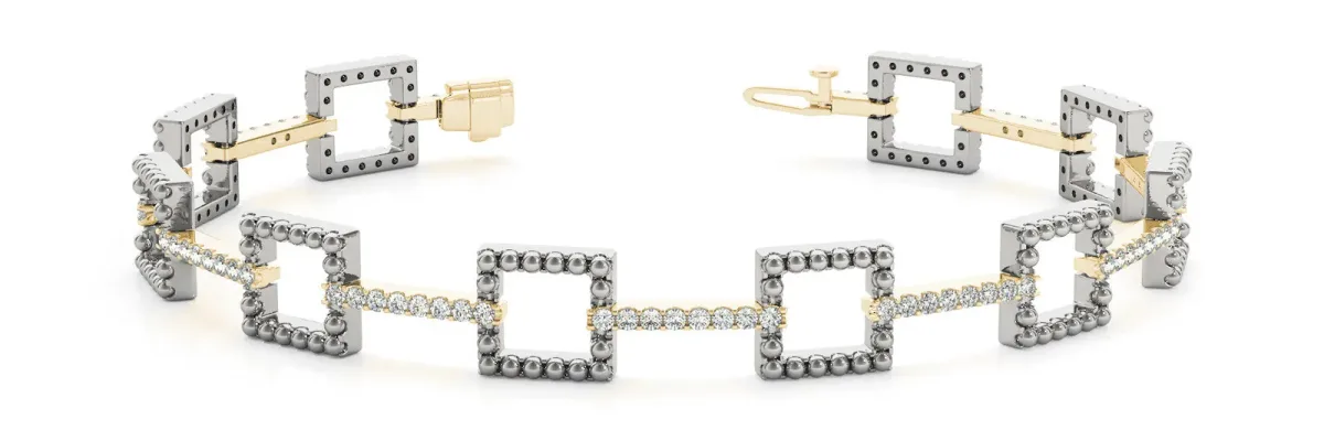 Beaded Square Link Bracelet with Round Cut Diamonds and Channel Setting Yellow gold