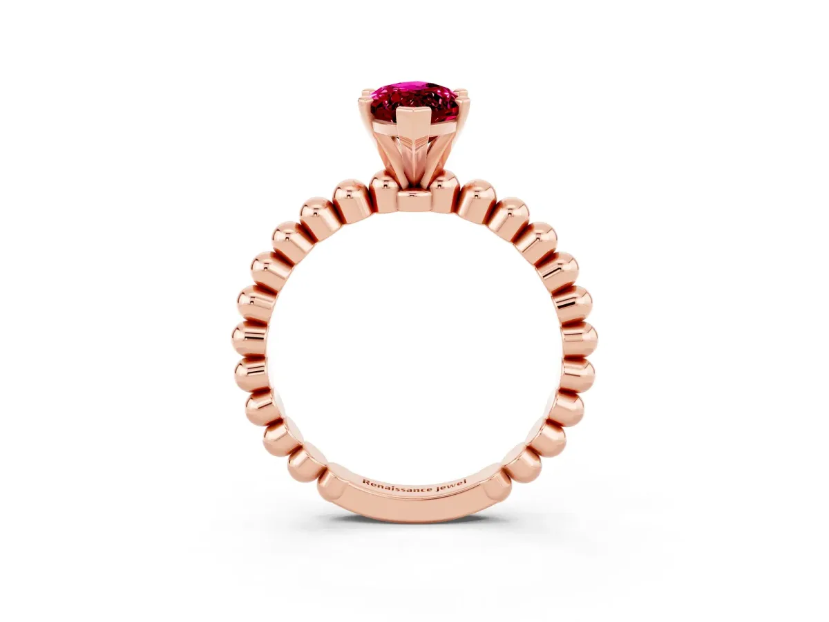 Marquise Cut Garnet Solitaire Ring with Beaded Band and Prong Setting Rose gold