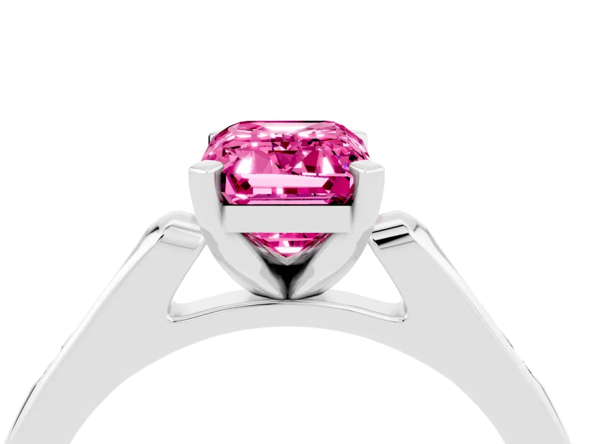 Emerald Cut Pink Sapphire Solitaire Ring with Channel Set Round Band and Prong Setting Silver