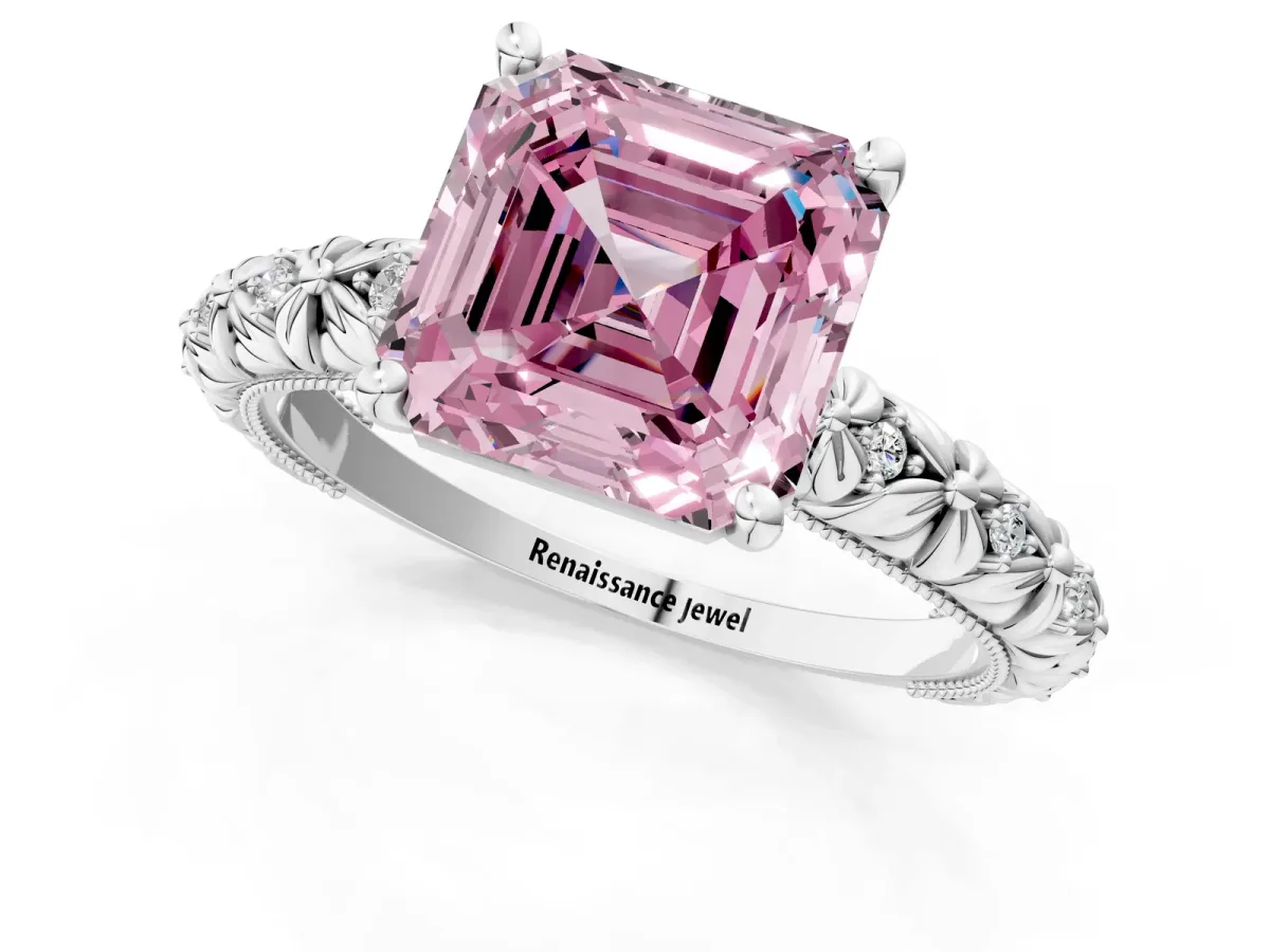 Fancy Pink Asscher Cut Solitaire Floral Milgrain Engagement Ring White gold
