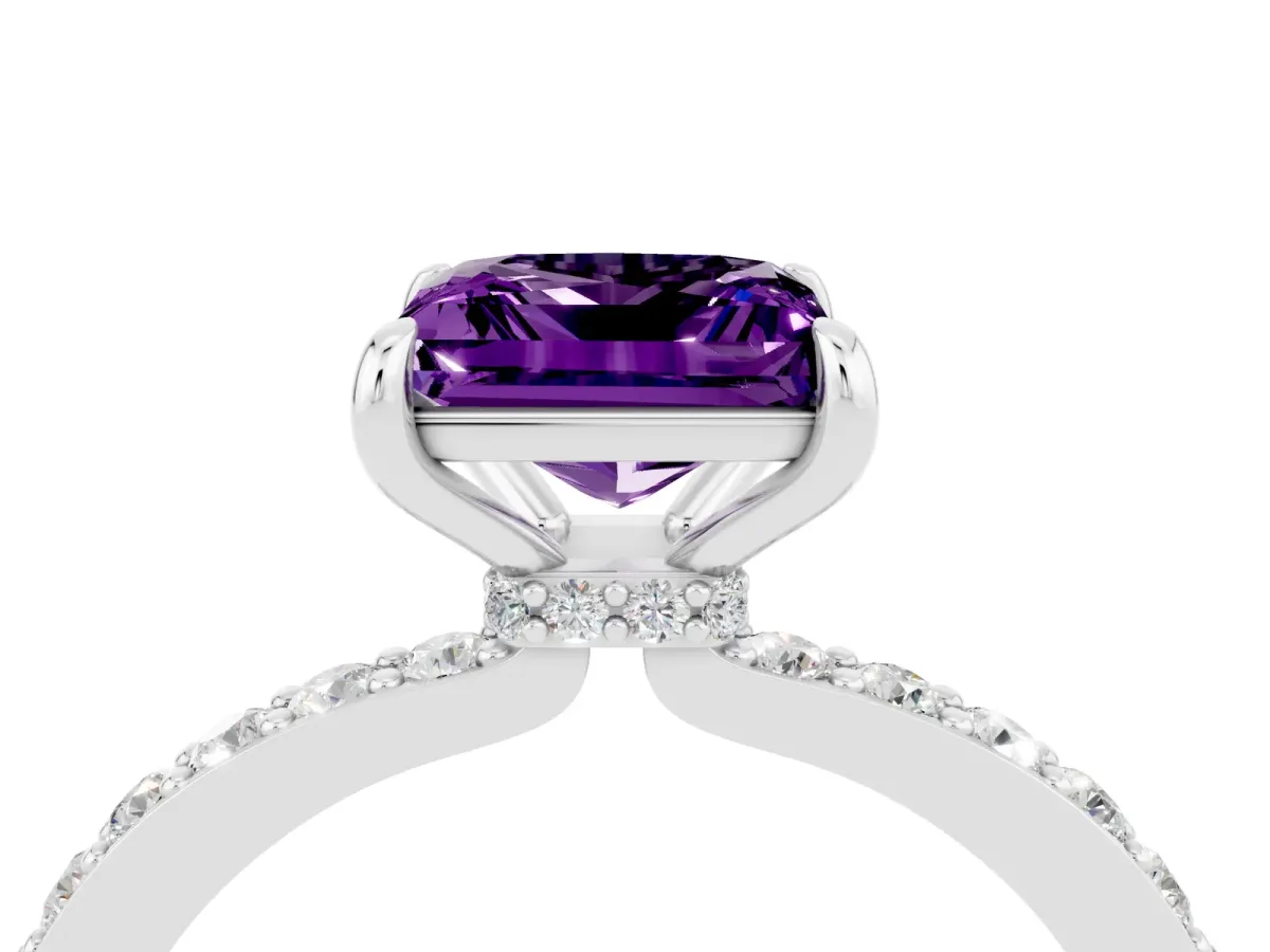 Princess Cut Amethyst Solitaire Engagement Ring with Pavé Band and Four-Prong Setting Silver
