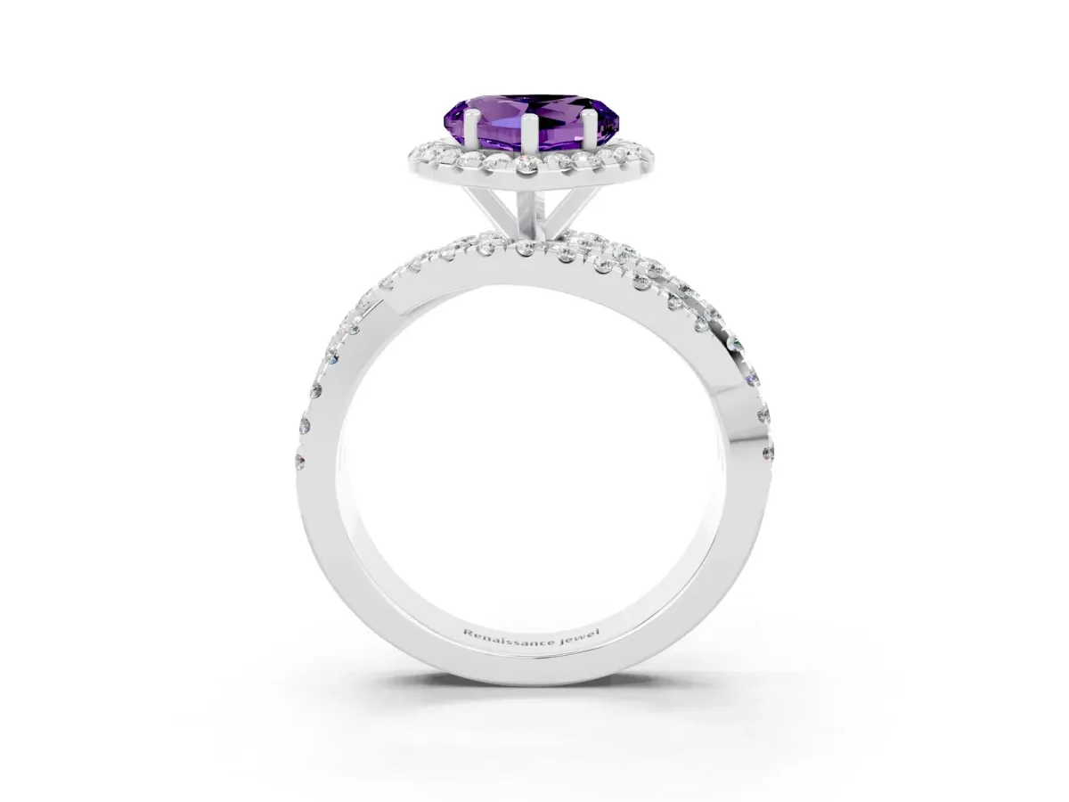 Heart Cut Amethyst Halo Ring with Round Split Shank and Prong Setting Platinum