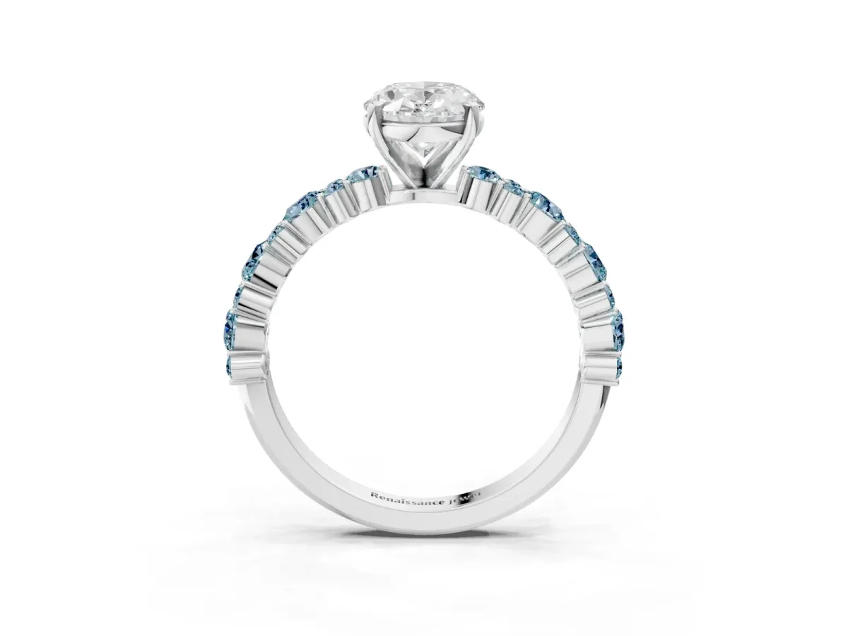 Oval Cut Diamond Side Stone Solitaire Ring with Round Aquamarine and Four-Prong Setting Silver