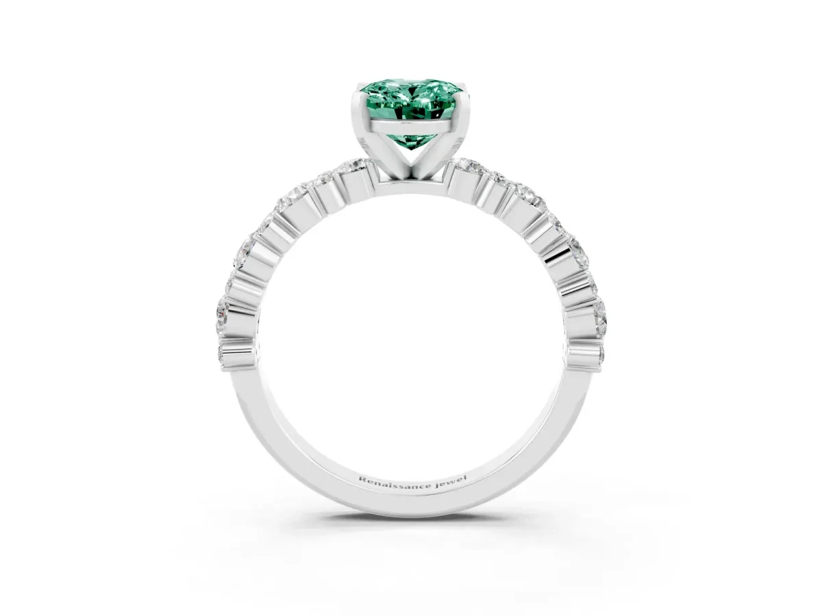 Oval Cut Green Sapphire Side Stone Solitaire Ring with Round and Four-Prong Setting White gold