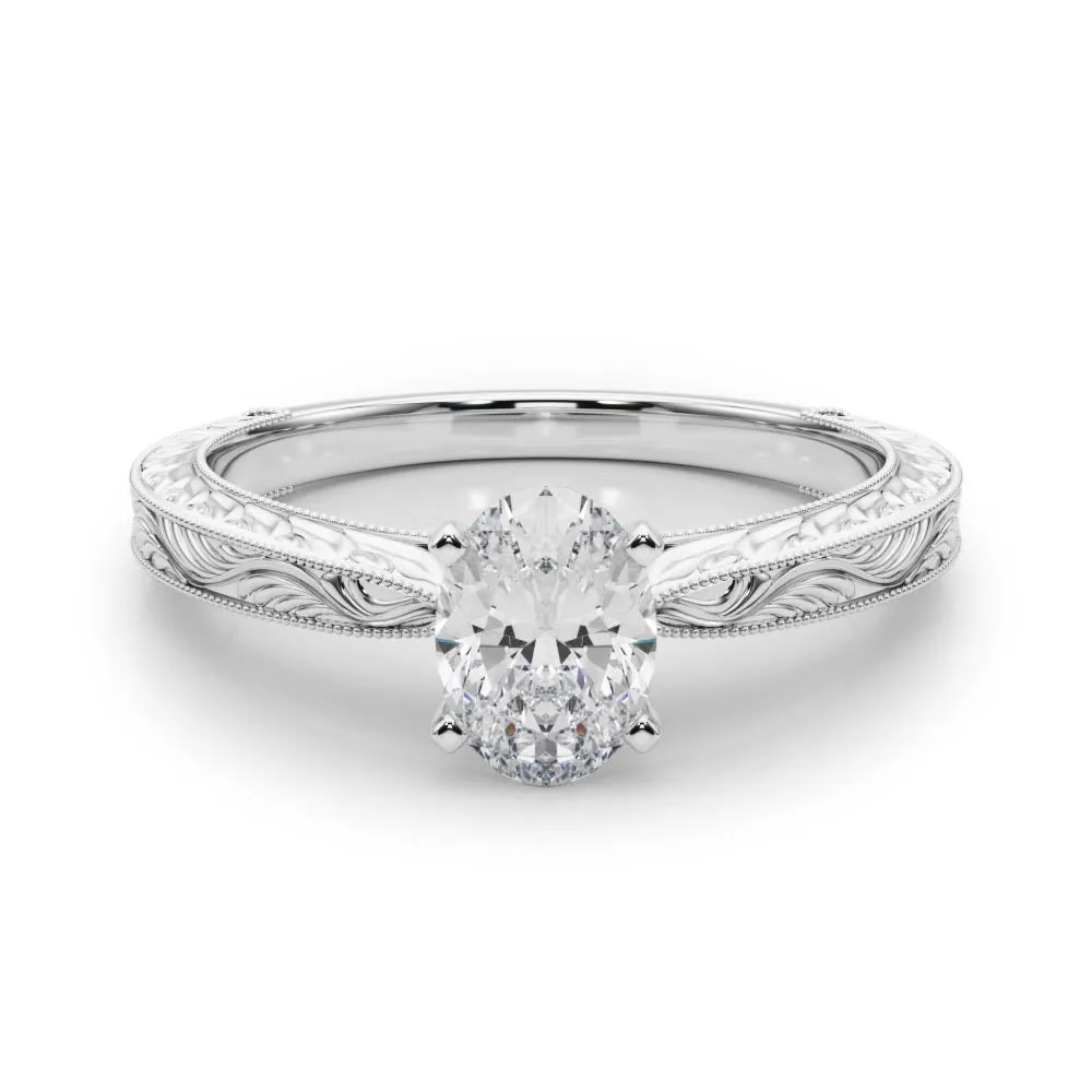 Oval Cut Solitaire Milgrain Engraved Band with Four-Prong Setting White gold