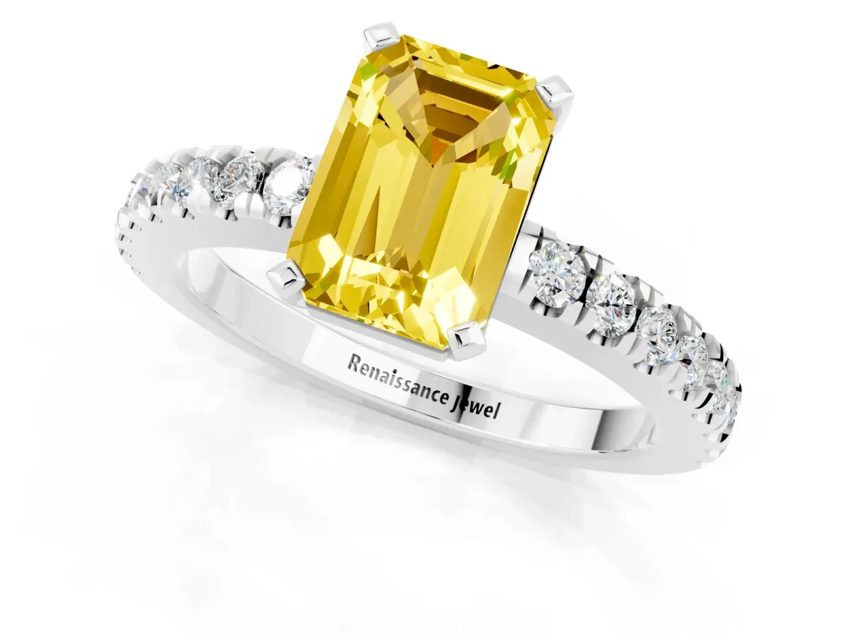 Emerald Cut Solitaire Yellow Sapphire with Pavé Band and Four-Prong Setting Silver