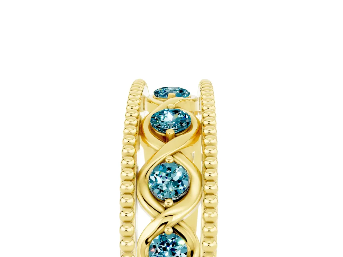 Round Blue Topaz Twist Milgrain Band with Bezel Setting Yellow gold