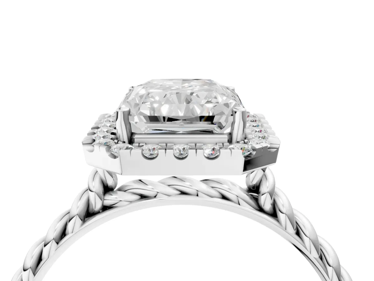 Radiant Cut Halo Twisted Band Four-Prong Diamond Ring Platinum